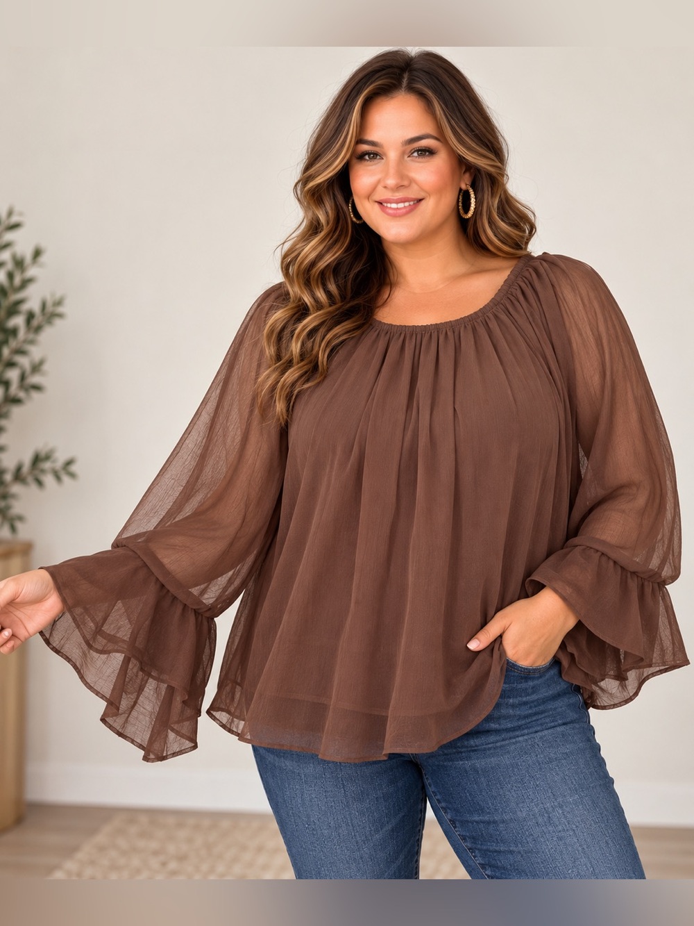 LOFT XL Brown Sheer Chiffon Blouse Balloon Sleeve Boho Top NWT